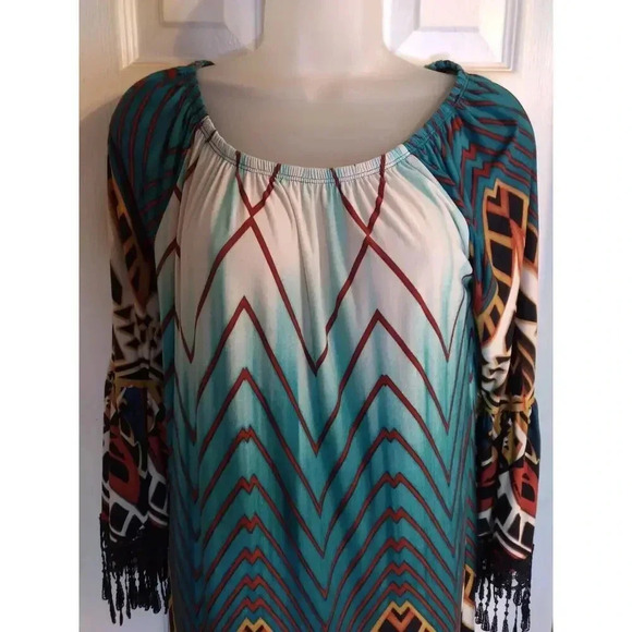 R. Rouge Dress Multicolored Fringe Hem Sleeves Sz L Boho Fairy Festival - Picture 2 of 11